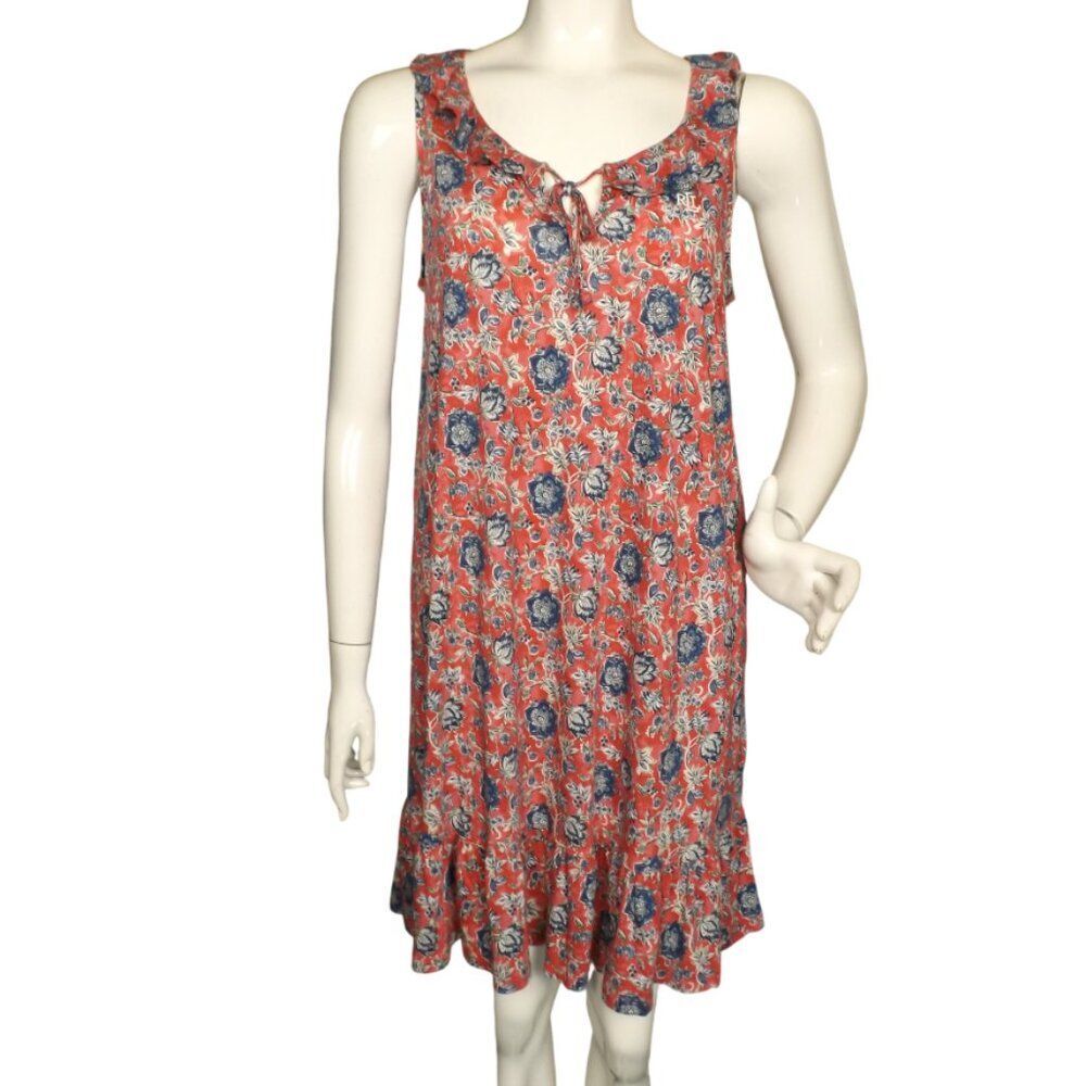 LAUREN RALPH LAUREN Dress, S, Red/Blue floral, Ruffle neck/Keyhole, Sleeveless
